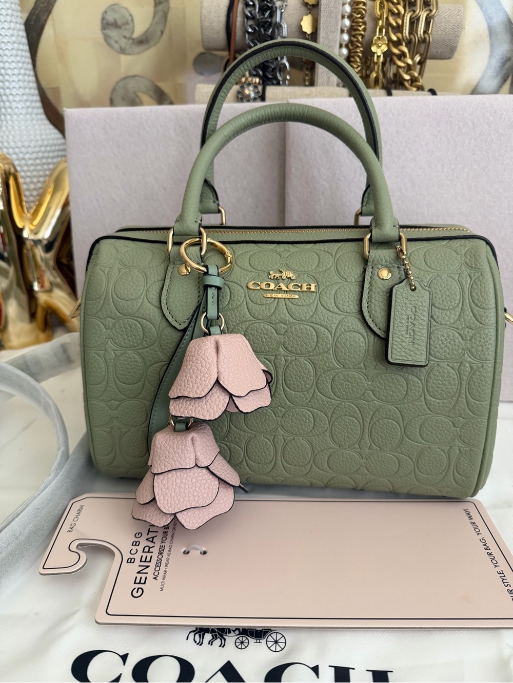 NWT Pistachio Coach Outlet Rowan Satchel Bag In Signature Leather w/charm Lot